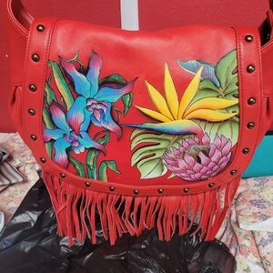 Anuschks Red and Blue Floral Shoulder Bag with Fringe